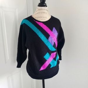 Naomi Bee Black Sweater Knitted Geometric Design 3/4 sleeves Sz L